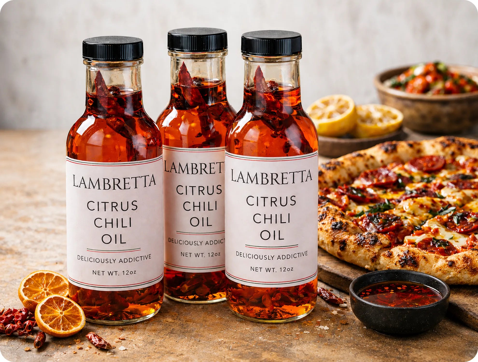 Huile pimentée aux agrumes Lambretta Pantry servie avec de la pizza